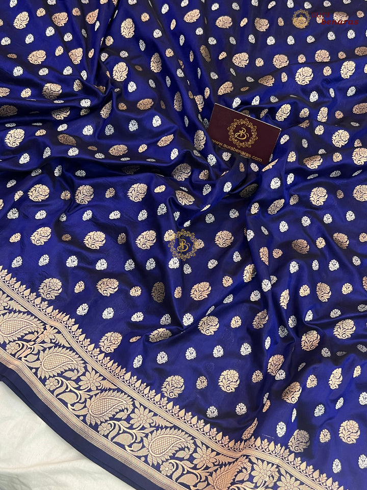Navy Blue Pure Banarasi Handloom Katan Silk Saree - Aura Benaras