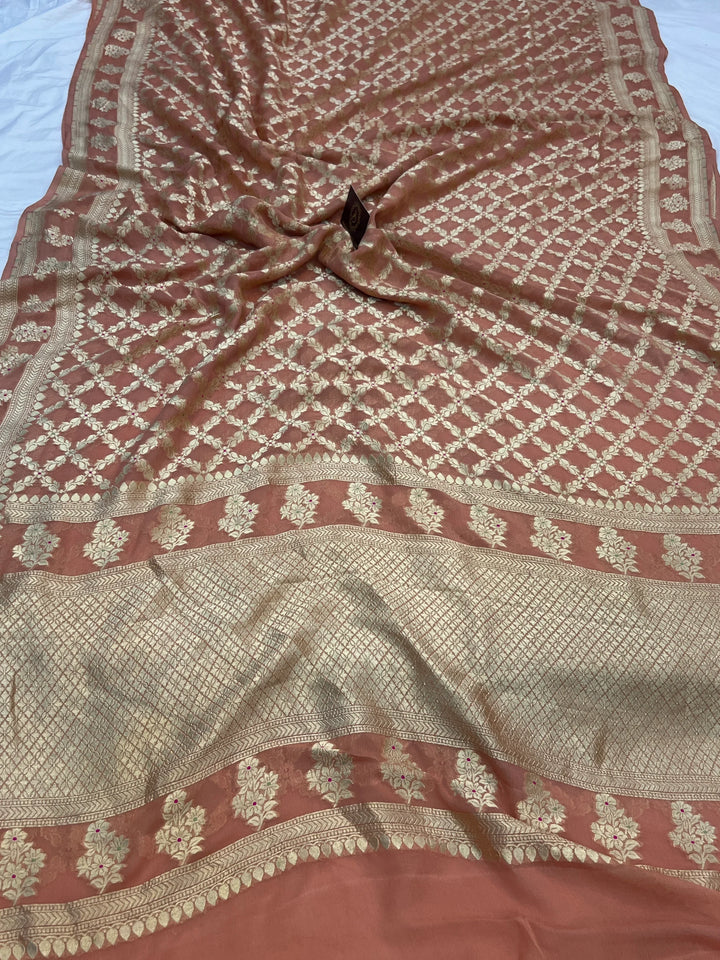 Dusky Peach Pure Banarasi Khaddi Georgette Saree