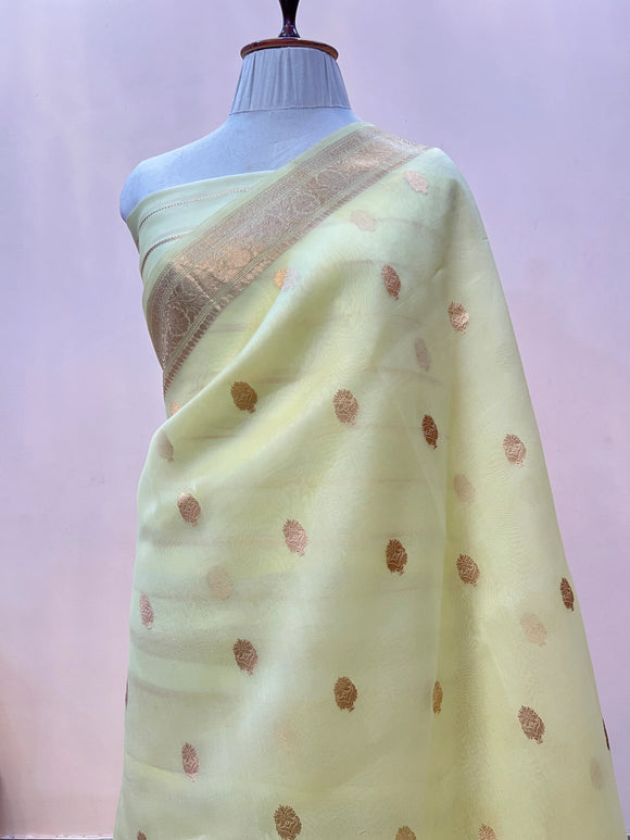 Pastel Yellow Banarasi Handloom Kora Silk Saree