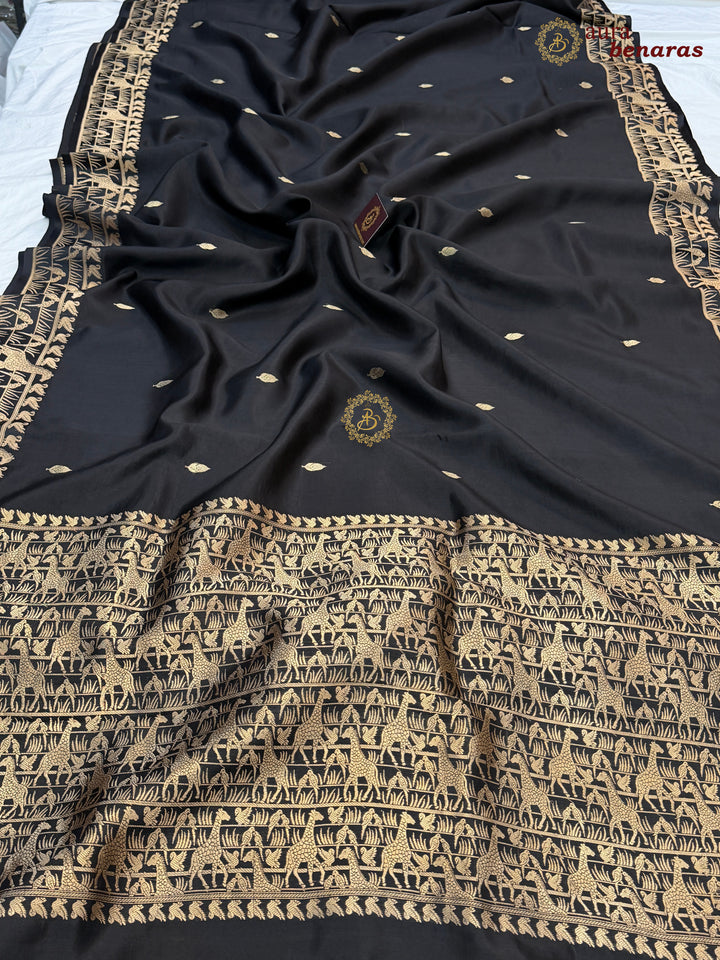 Black Pure Katan Silk Banarasi Saree Kadhwa Giraffe and Bird Motifs