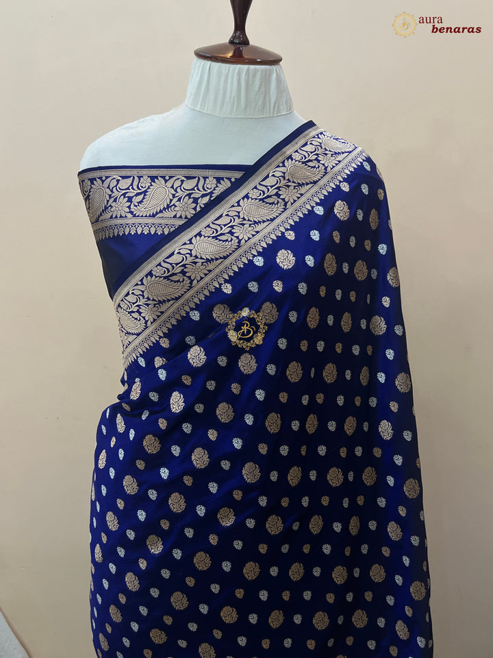 Navy Blue Pure Banarasi Handloom Katan Silk Saree - Aura Benaras