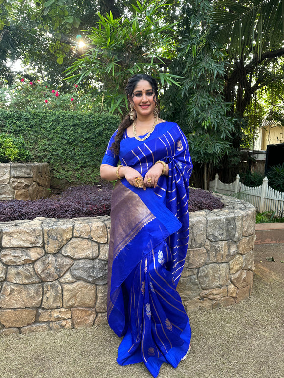Royal Blue Kora Silk Banarasi Saree with Kadhwa Zari Motifs