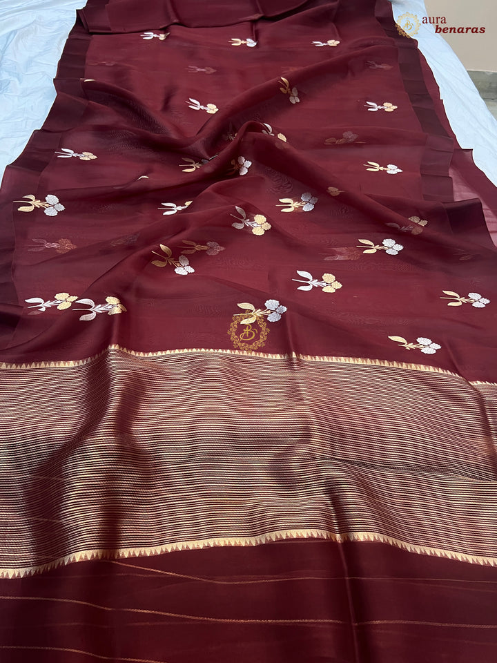 Brown Kora Silk Banarasi Saree with Sona Rupa Butas