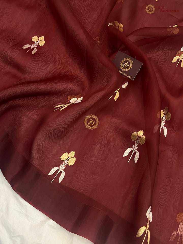 Brown Kora Silk Banarasi Saree with Sona Rupa Butas