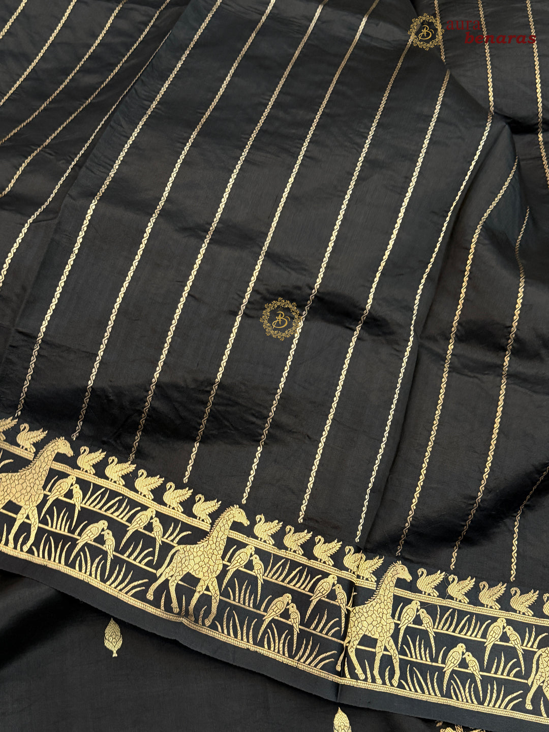 Black Pure Katan Silk Banarasi Saree Kadhwa Giraffe and Bird Motifs