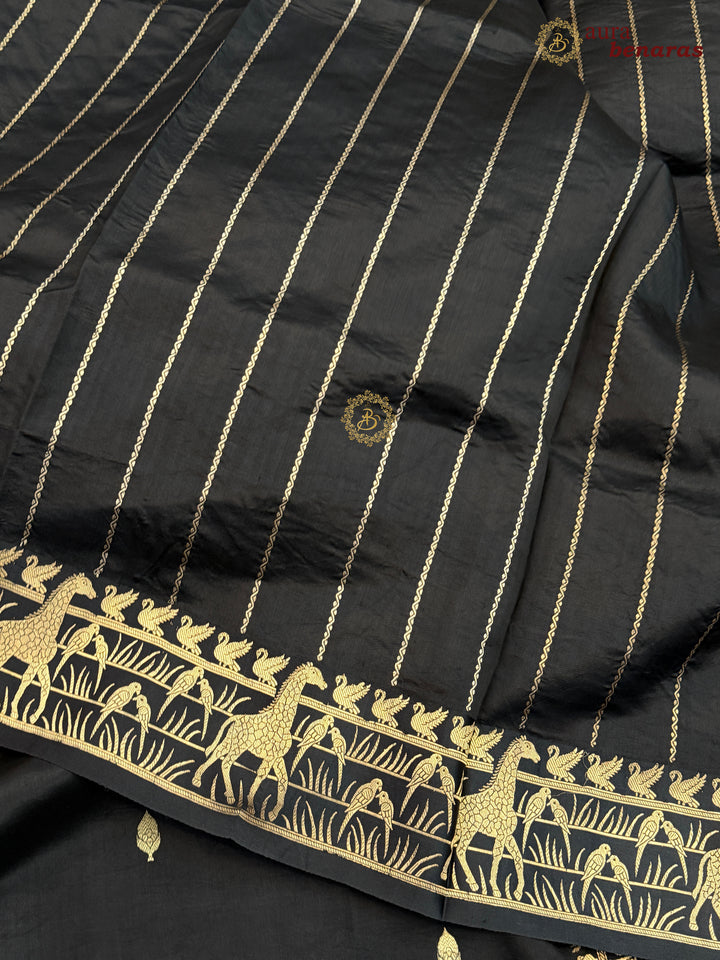 Black Pure Katan Silk Banarasi Saree Kadhwa Giraffe and Bird Motifs