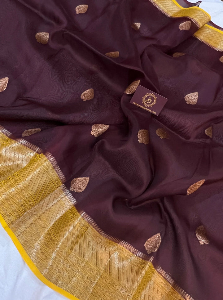 Brown Banarasi Handloom Kora Silk Saree - Aura Benaras
