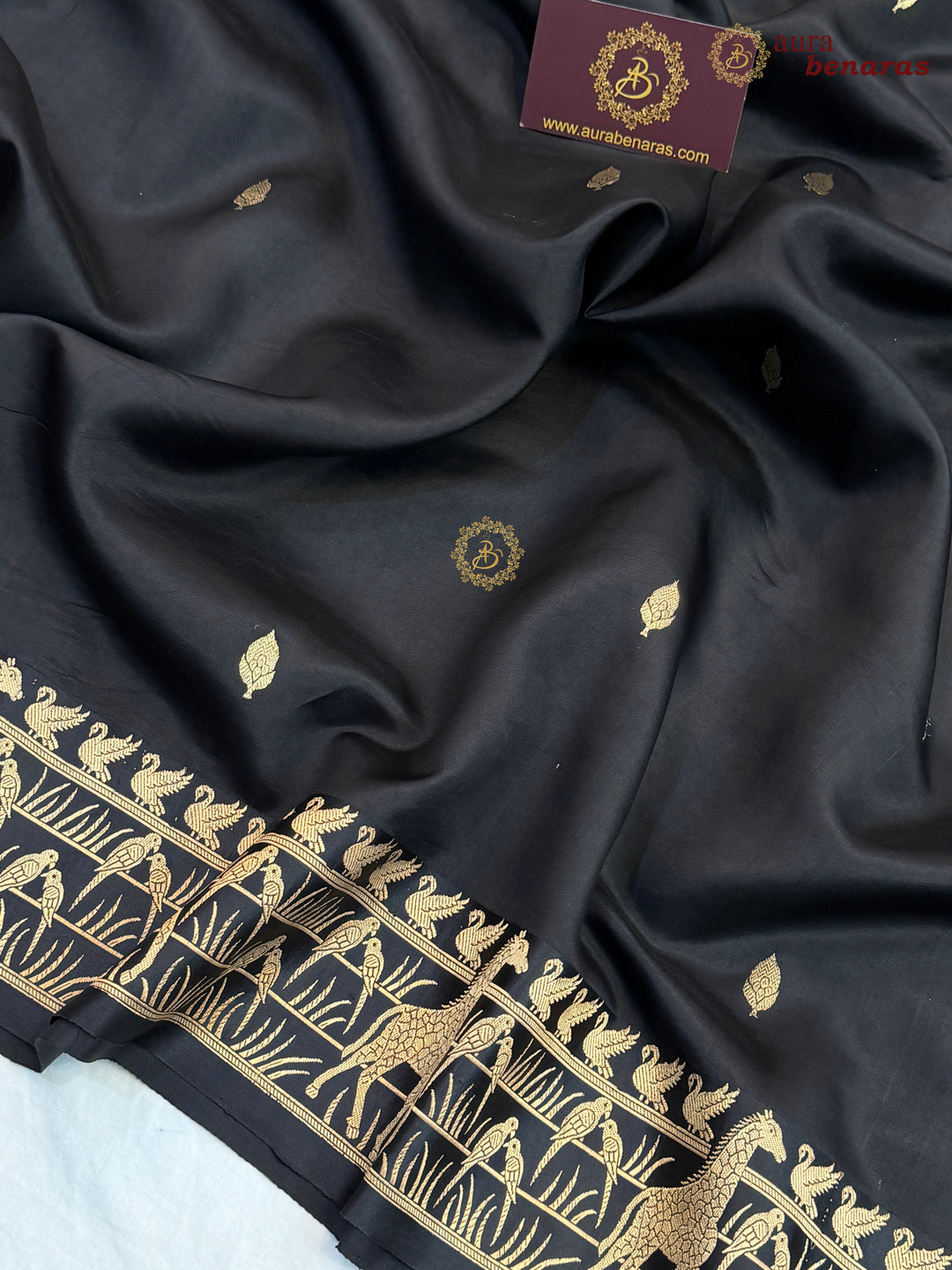 Black Pure Katan Silk Banarasi Saree Kadhwa Giraffe and Bird Motifs