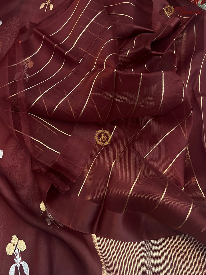 Brown Kora Silk Banarasi Saree with Sona Rupa Butas