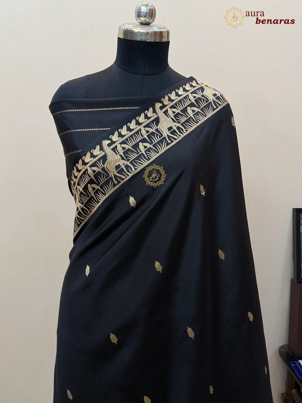 Black Pure Katan Silk Banarasi Saree Kadhwa Giraffe and Bird Motifs