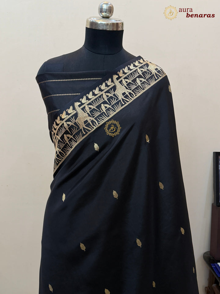 Black Pure Katan Silk Banarasi Saree Kadhwa Giraffe and Bird Motifs