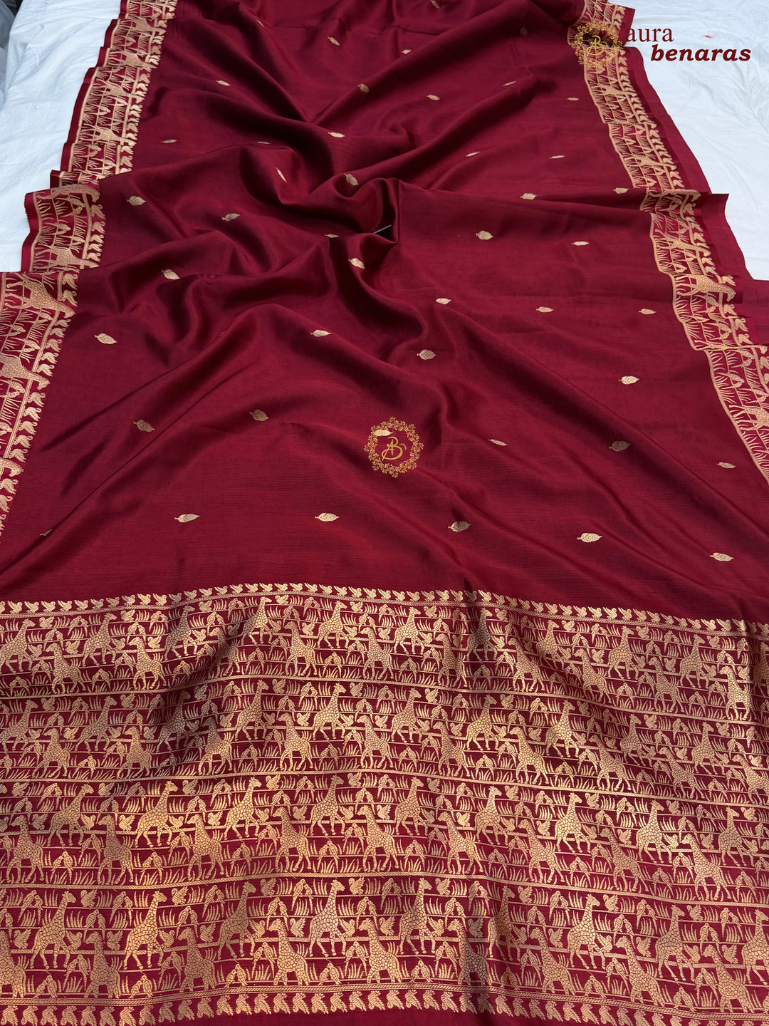 Maroon Pure Katan Silk Banarasi Saree Kadhwa Giraffe and Bird Motifs