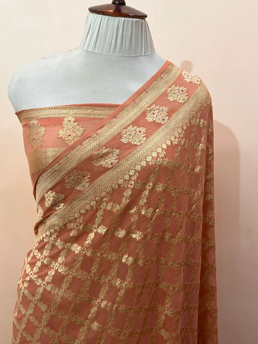 Dusky Peach Pure Banarasi Khaddi Georgette Saree