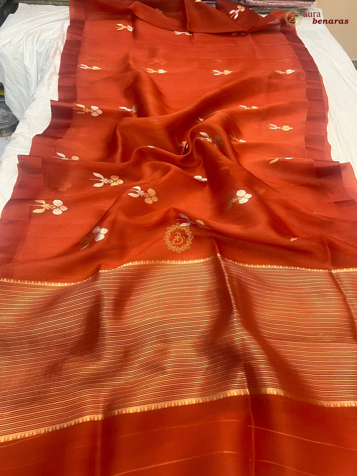 Rust Orange Kora Silk Banarasi Saree with Sona Rupa Butas
