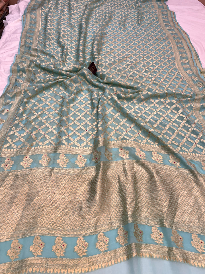 Sky Blue Pure Banarasi Khaddi Georgette Saree