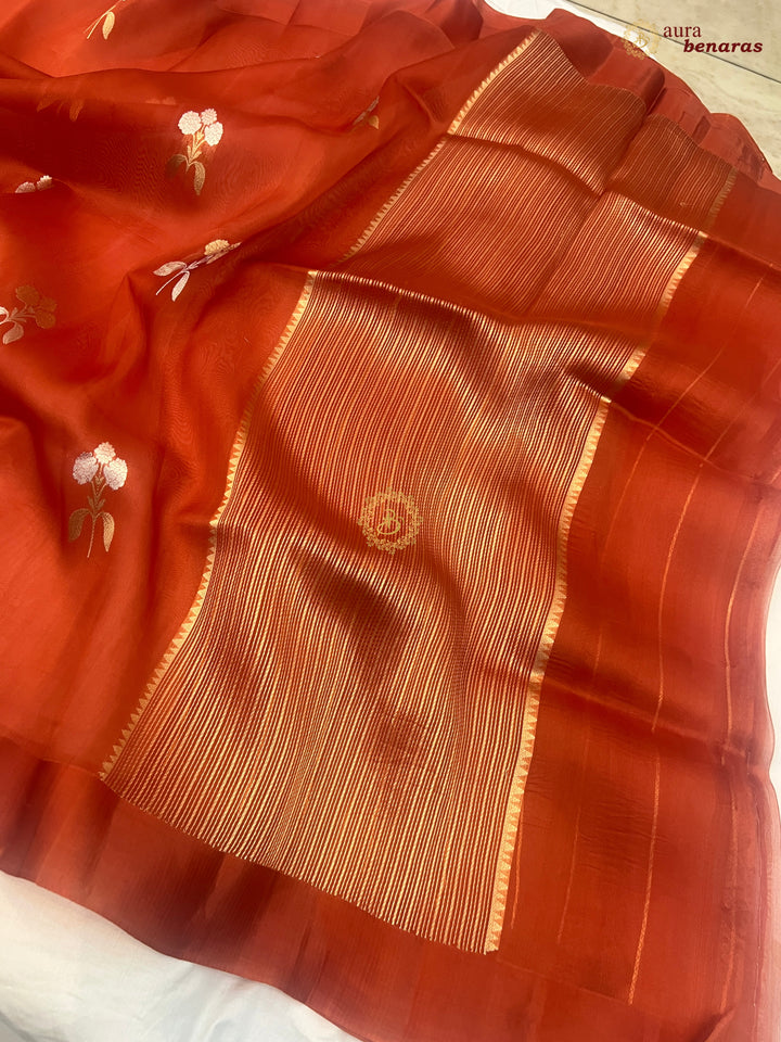 Rust Orange Kora Silk Banarasi Saree with Sona Rupa Butas