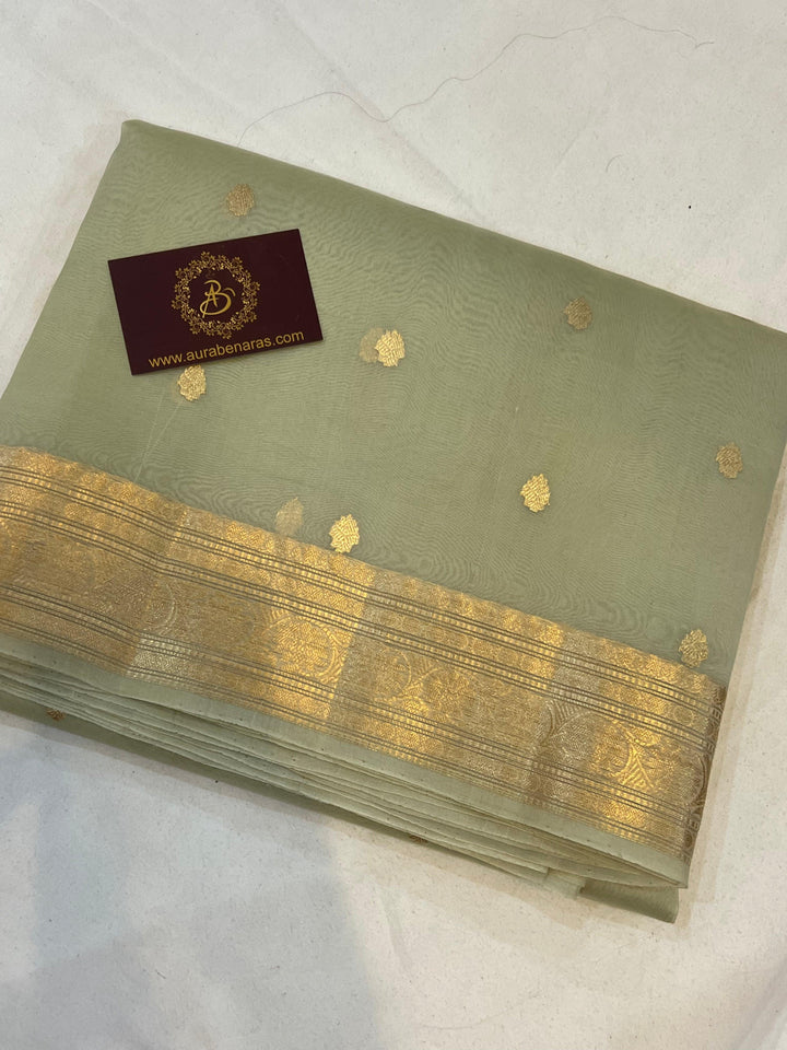 Pani Green Banarasi Handloom Kora Silk Saree - Aura Benaras