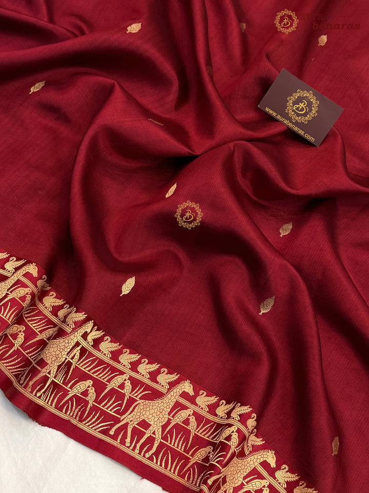 Maroon Pure Katan Silk Banarasi Saree Kadhwa Giraffe and Bird Motifs