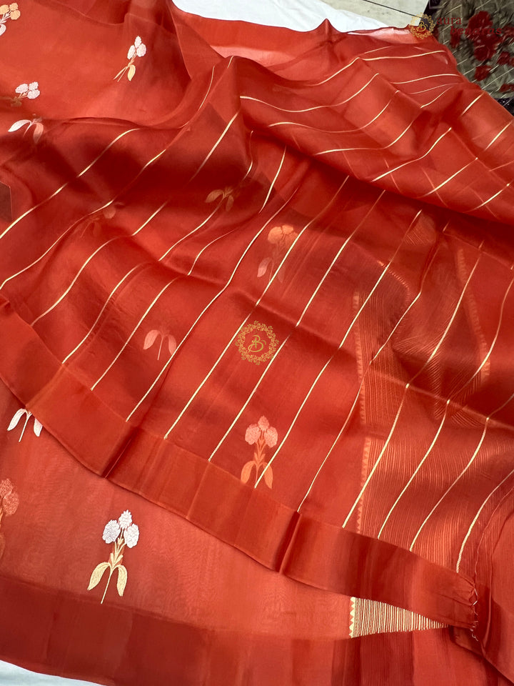 Rust Orange Kora Silk Banarasi Saree with Sona Rupa Butas