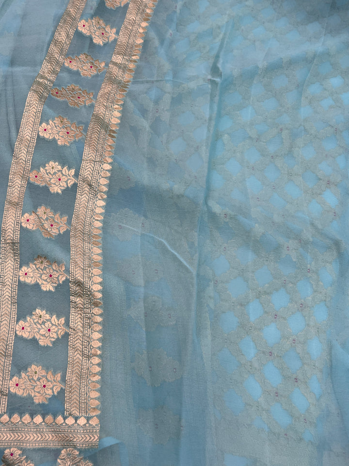 Sky Blue Pure Banarasi Khaddi Georgette Saree