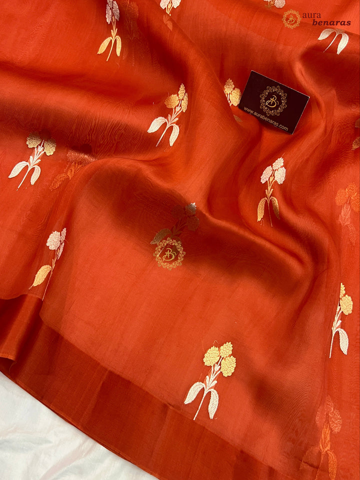 Rust Orange Kora Silk Banarasi Saree with Sona Rupa Butas