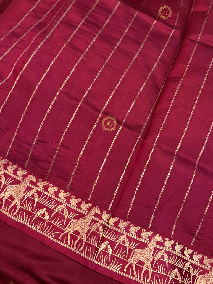 Maroon Pure Katan Silk Banarasi Saree Kadhwa Giraffe and Bird Motifs