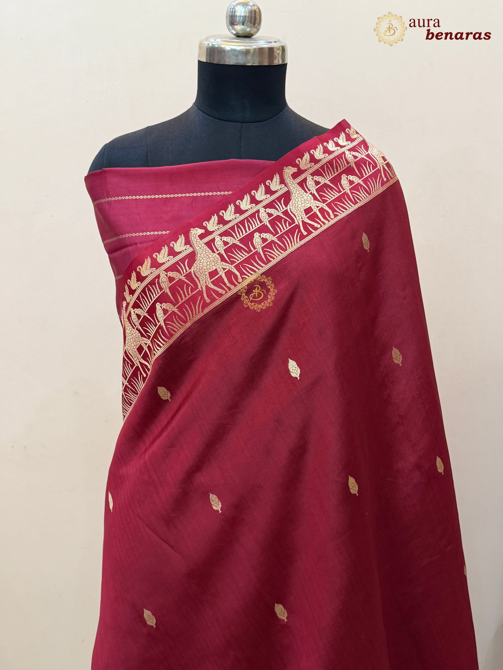 Maroon Pure Katan Silk Banarasi Saree Kadhwa Giraffe and Bird Motifs