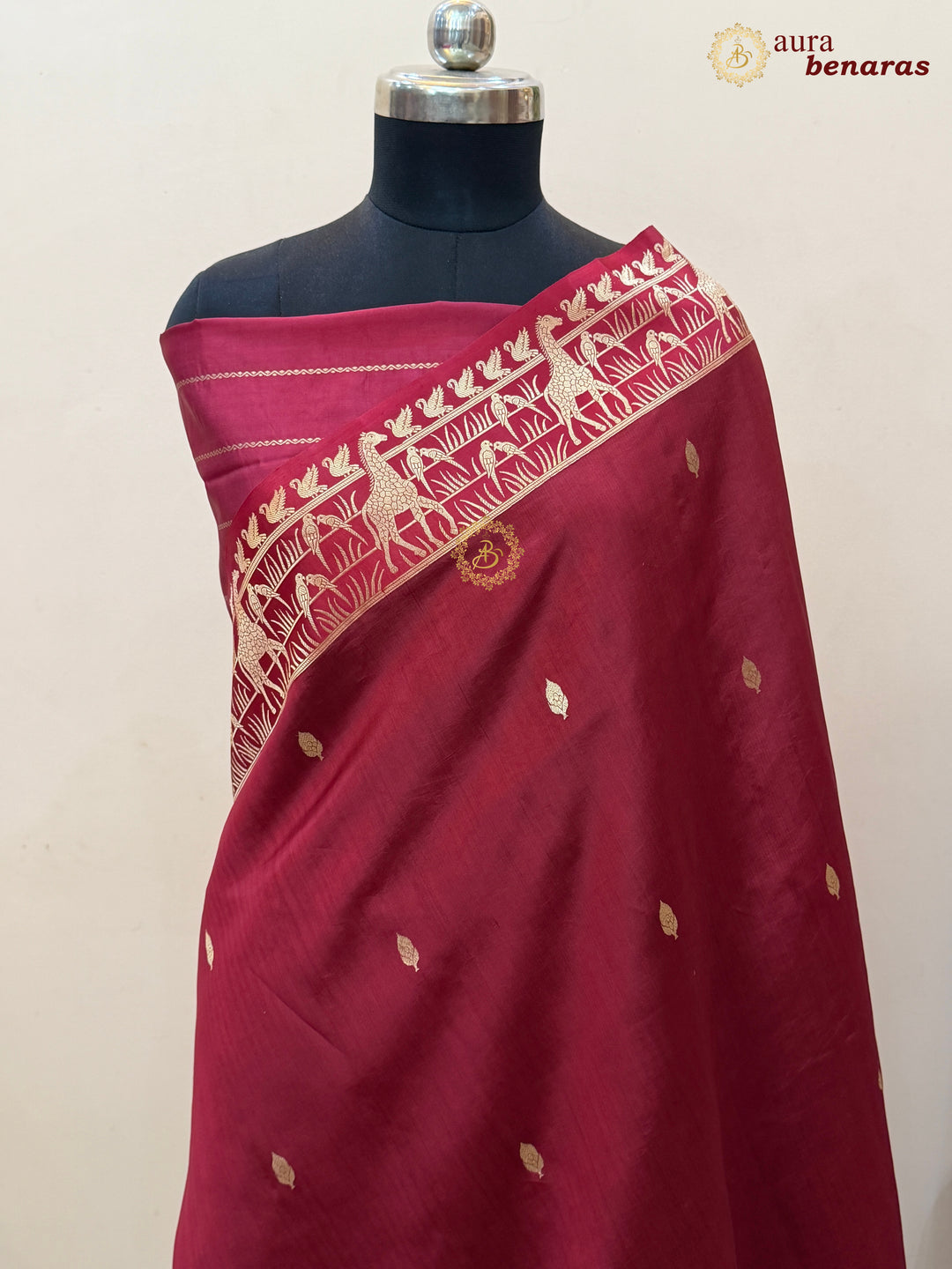 Maroon Pure Katan Silk Banarasi Saree Kadhwa Giraffe and Bird Motifs