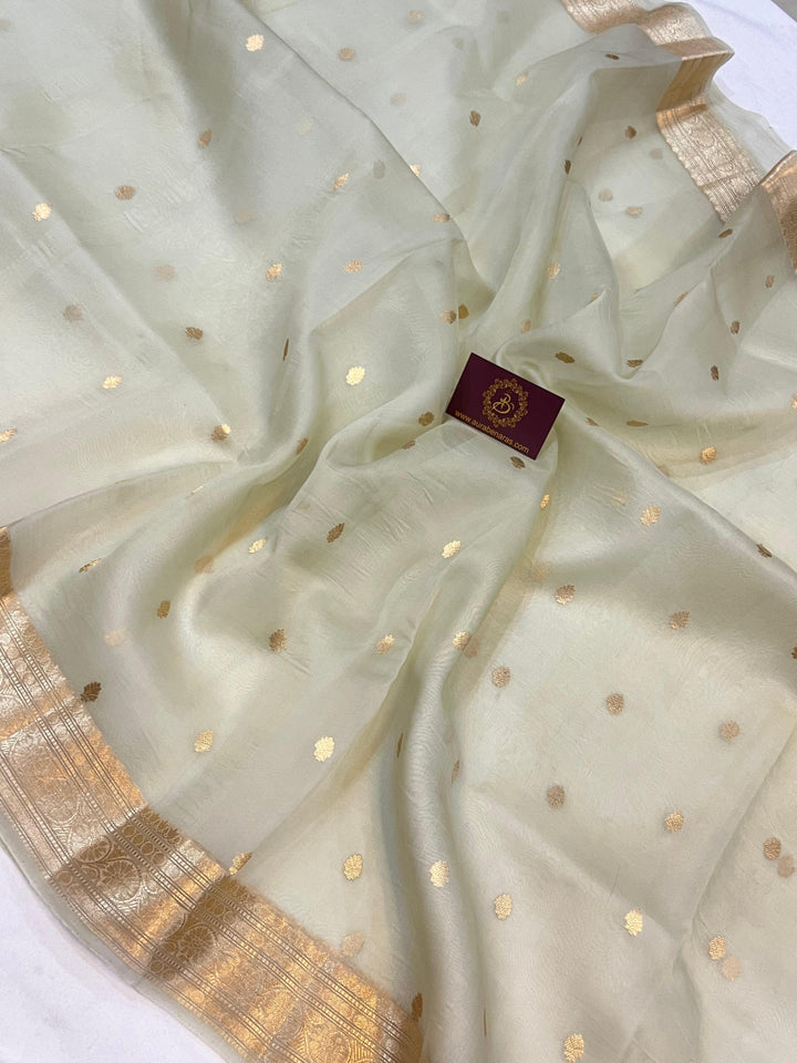 Pani Green Banarasi Handloom Kora Silk Saree - Aura Benaras