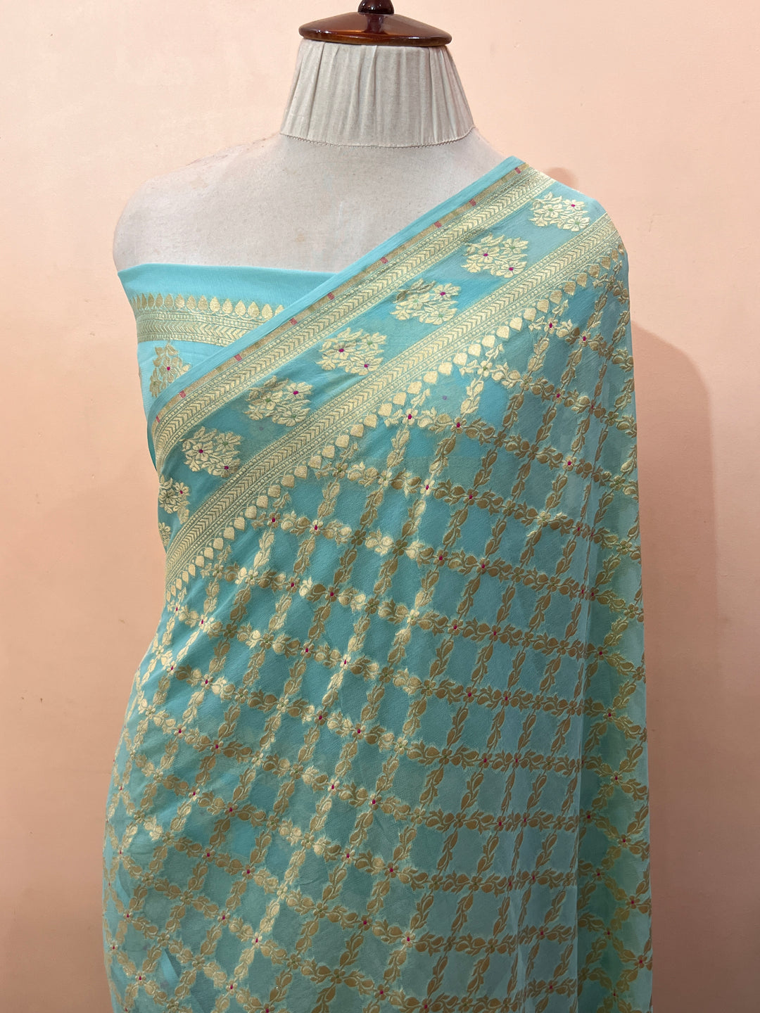 Sky Blue Pure Banarasi Khaddi Georgette Saree