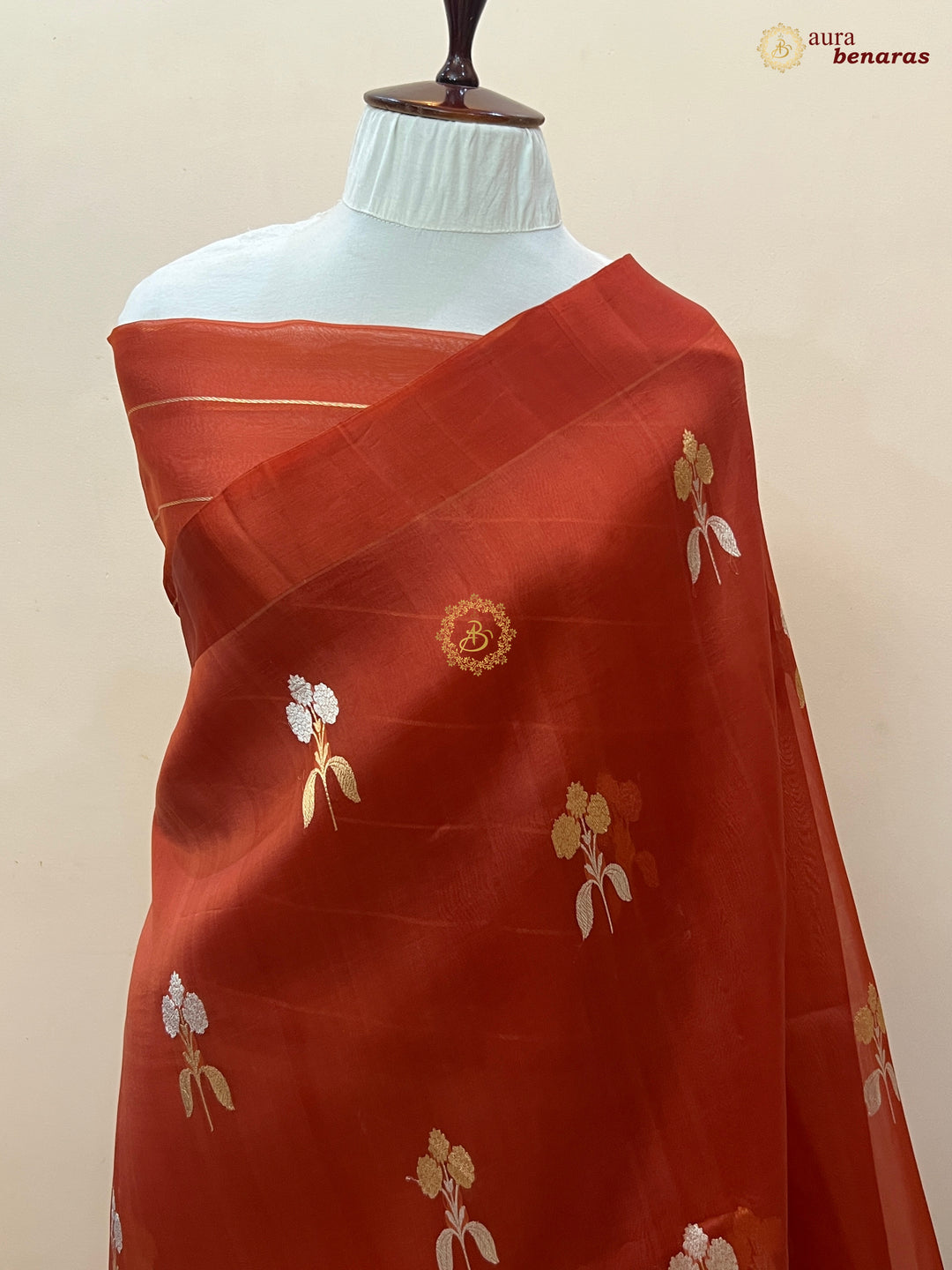 Rust Orange Kora Silk Banarasi Saree with Sona Rupa Butas