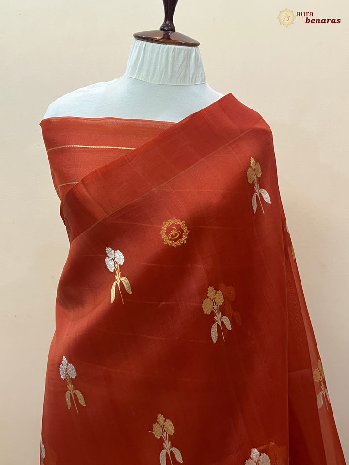 Rust Orange Kora Silk Banarasi Saree with Sona Rupa Butas