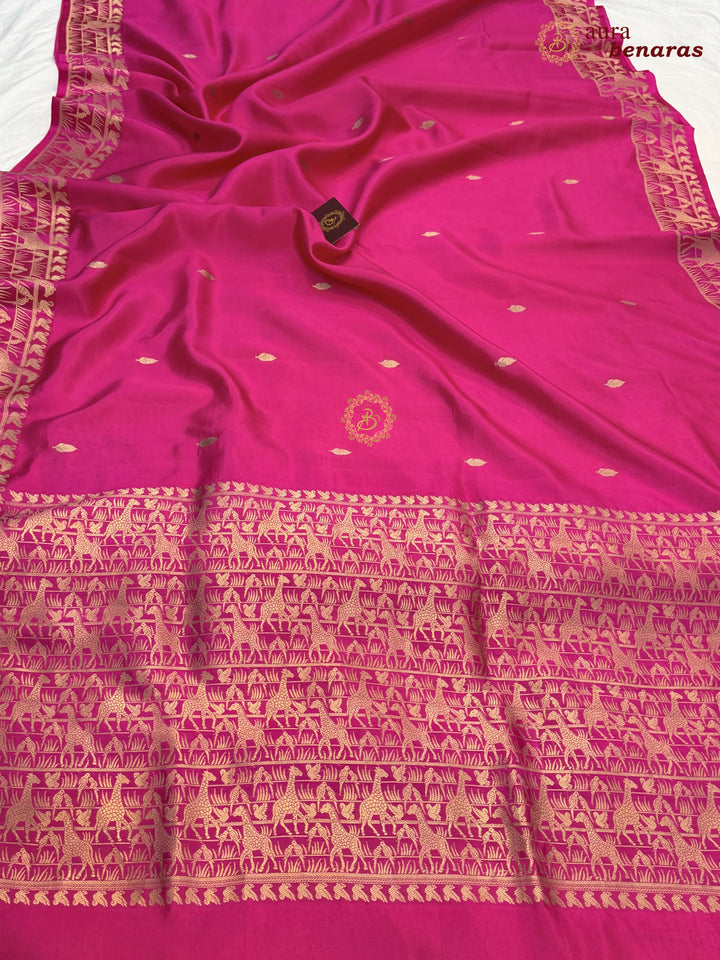 Rani Pink Pure Katan Silk Banarasi Saree Kadhwa Giraffe and Bird Motifs