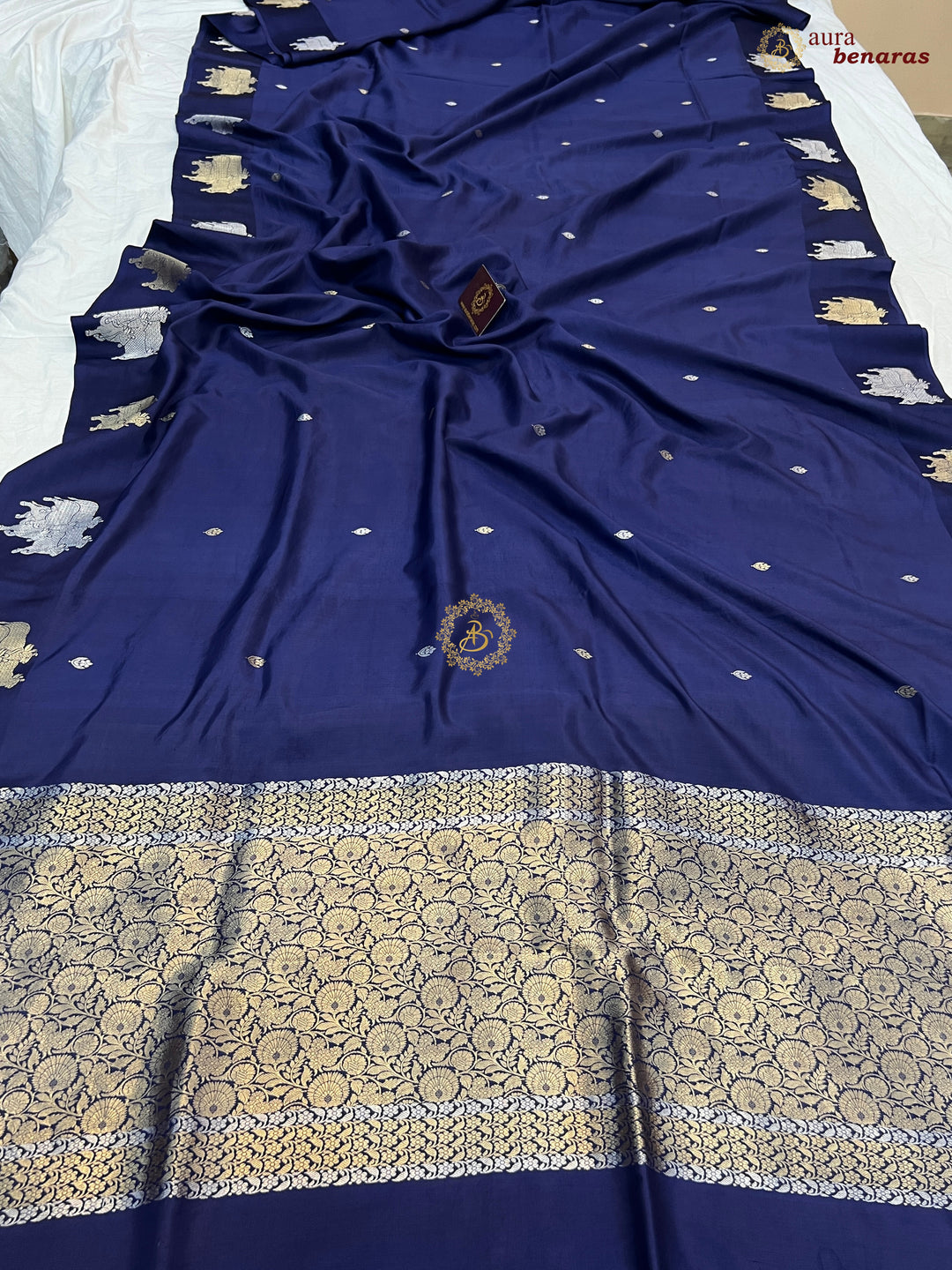 Navy Blue Pure Katan Silk Banarasi Saree Kadhwa Cow Motifs
