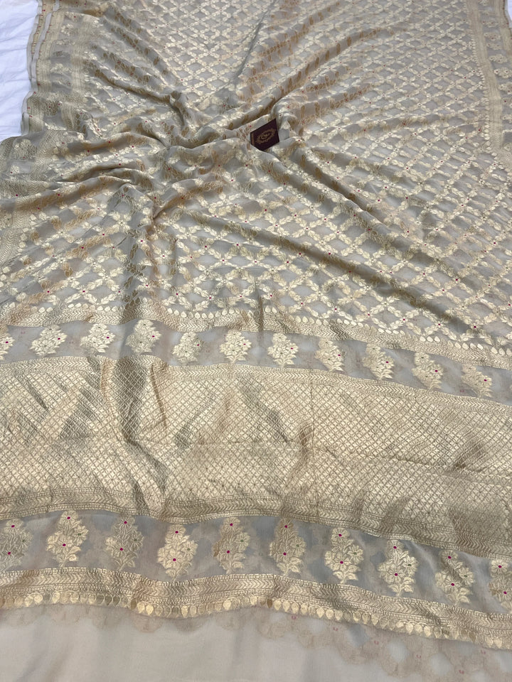 Smoke Gray Pure Banarasi Khaddi Georgette Saree