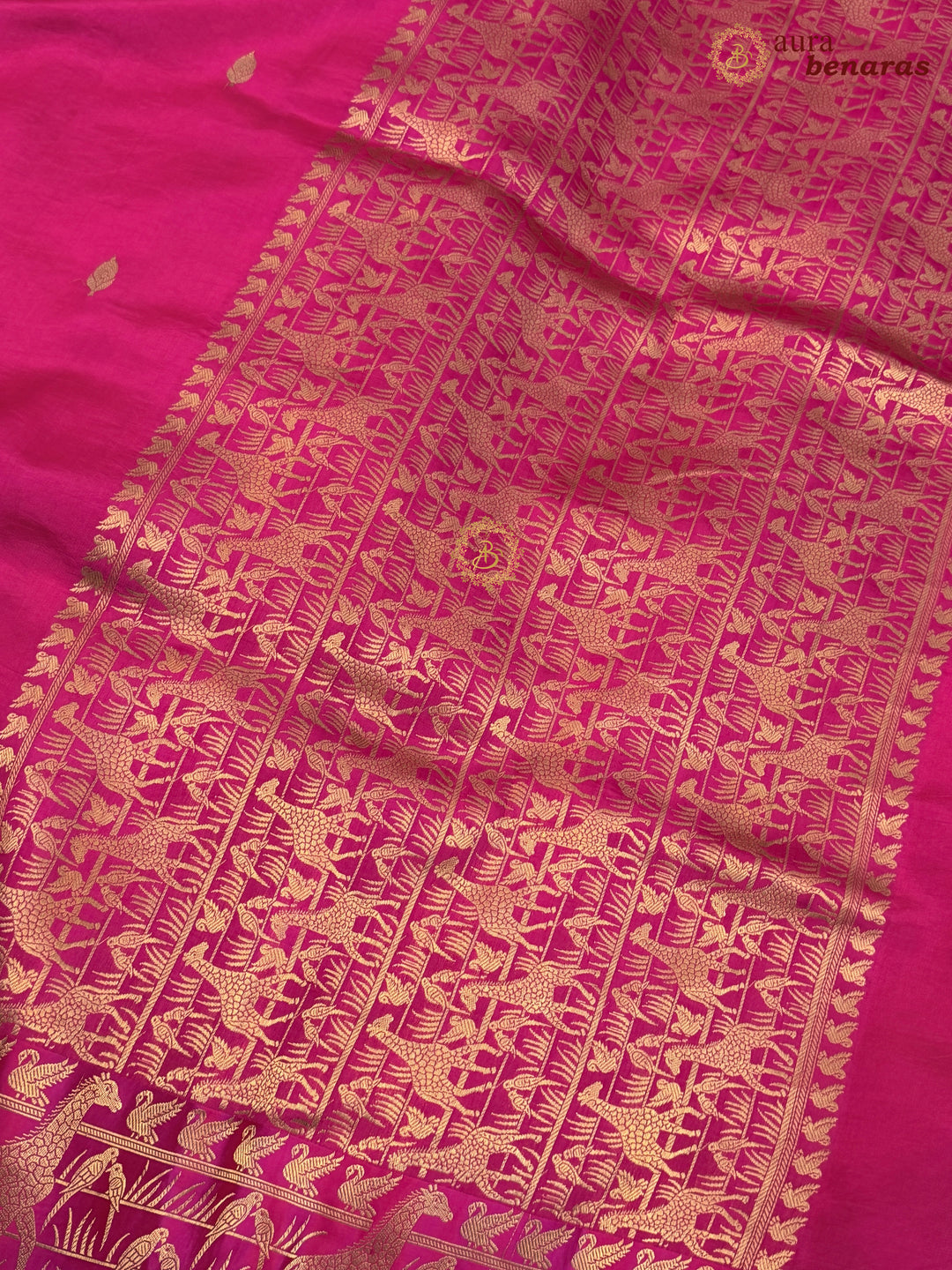 Rani Pink Pure Katan Silk Banarasi Saree Kadhwa Giraffe and Bird Motifs
