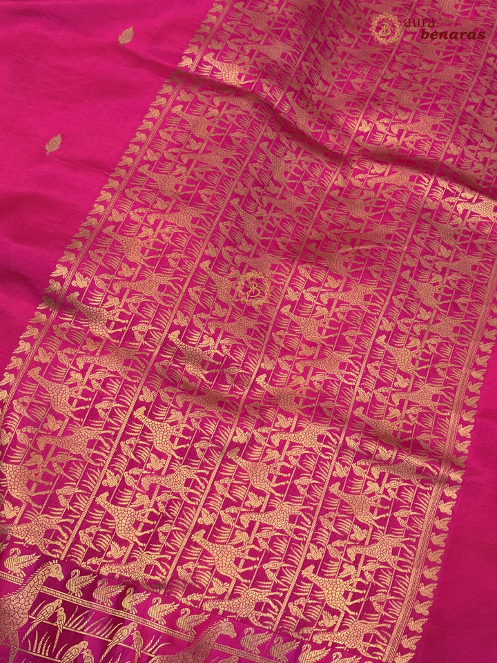 Rani Pink Pure Katan Silk Banarasi Saree Kadhwa Giraffe and Bird Motifs