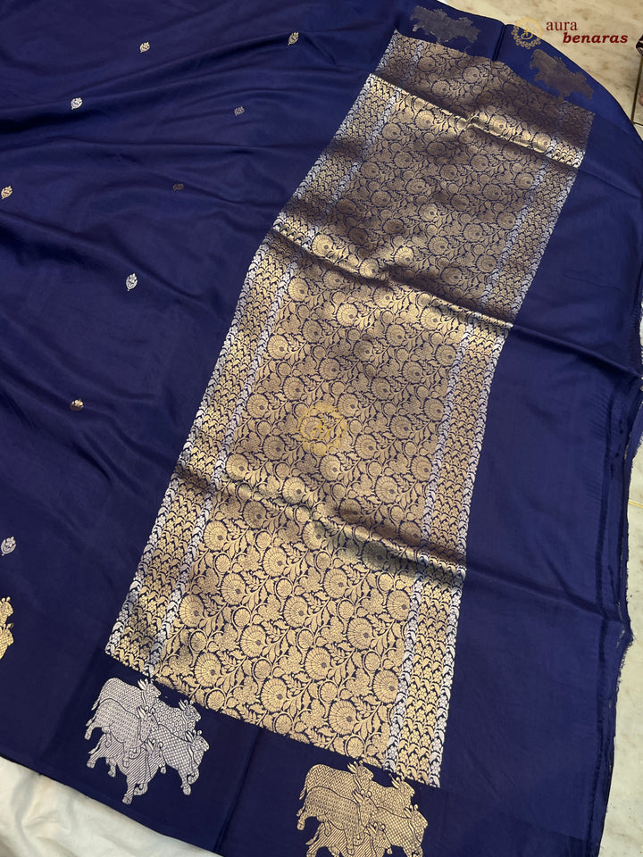Navy Blue Pure Katan Silk Banarasi Saree Kadhwa Cow Motifs