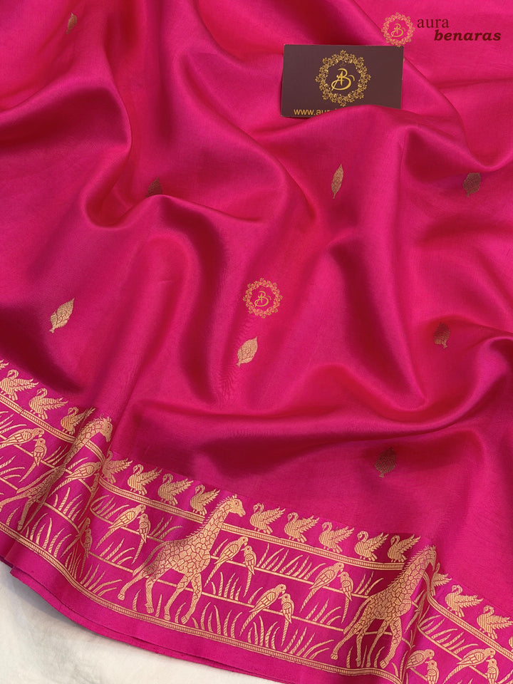 Rani Pink Pure Katan Silk Banarasi Saree Kadhwa Giraffe and Bird Motifs