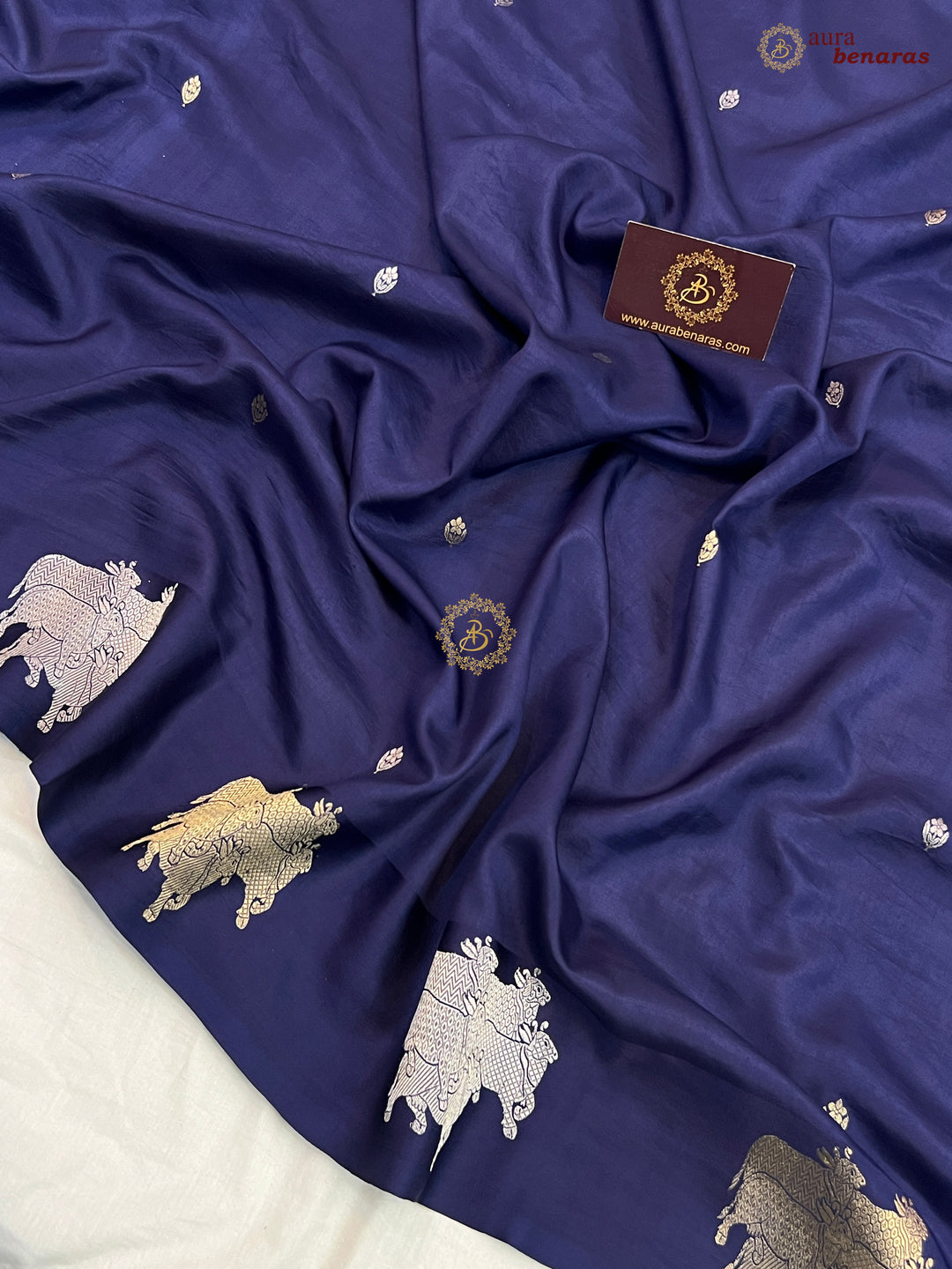 Navy Blue Pure Katan Silk Banarasi Saree Kadhwa Cow Motifs
