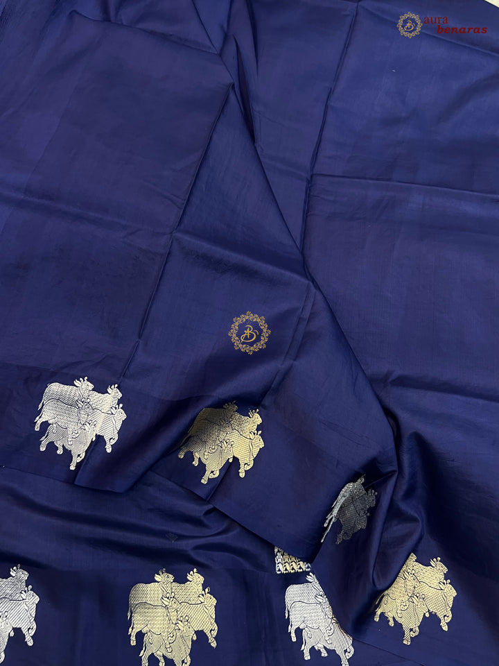 Navy Blue Pure Katan Silk Banarasi Saree Kadhwa Cow Motifs