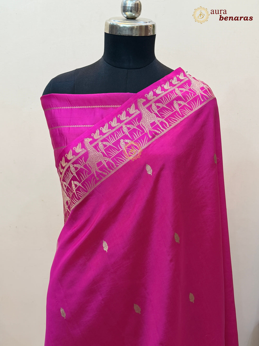 Rani Pink Pure Katan Silk Banarasi Saree Kadhwa Giraffe and Bird Motifs