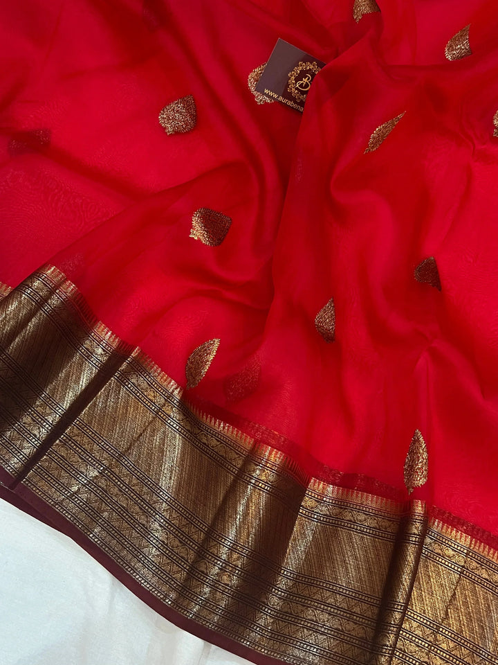 Red Banarasi Handloom Kora Silk Saree - Aura Benaras