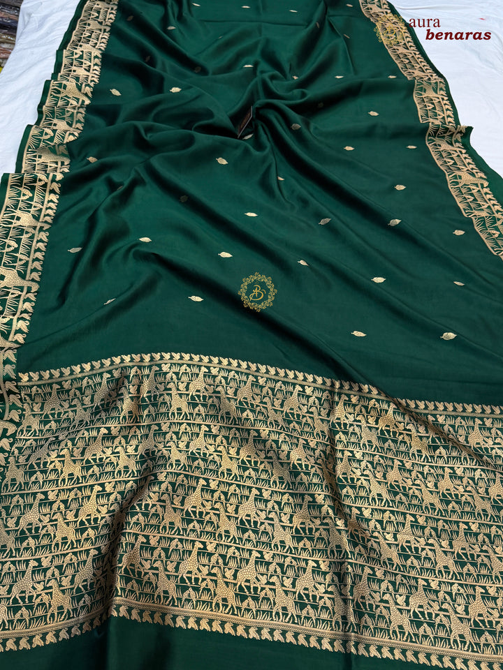 Bottle Green Pure Katan Silk Banarasi Saree Kadhwa Giraffe and Bird Motifs