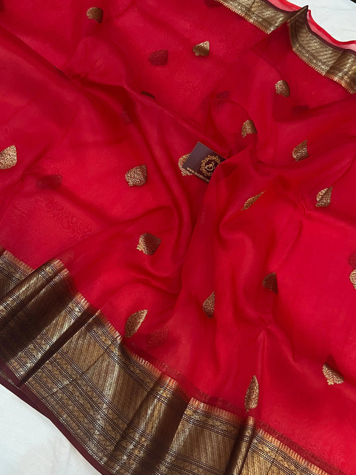 Red Banarasi Handloom Kora Silk Saree - Aura Benaras
