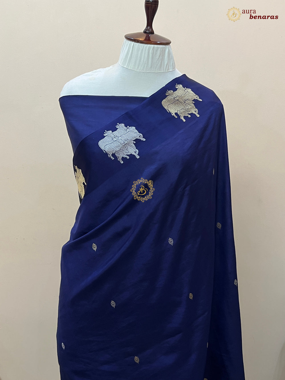 Navy Blue Pure Katan Silk Banarasi Saree Kadhwa Cow Motifs