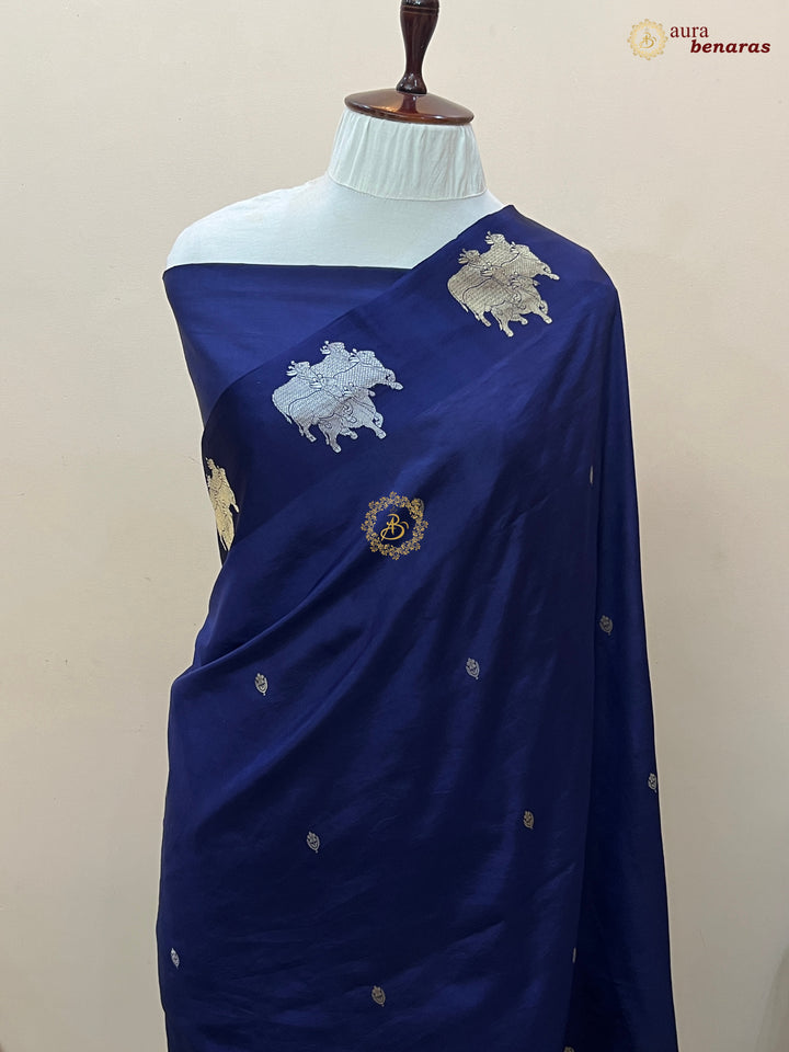 Navy Blue Pure Katan Silk Banarasi Saree Kadhwa Cow Motifs