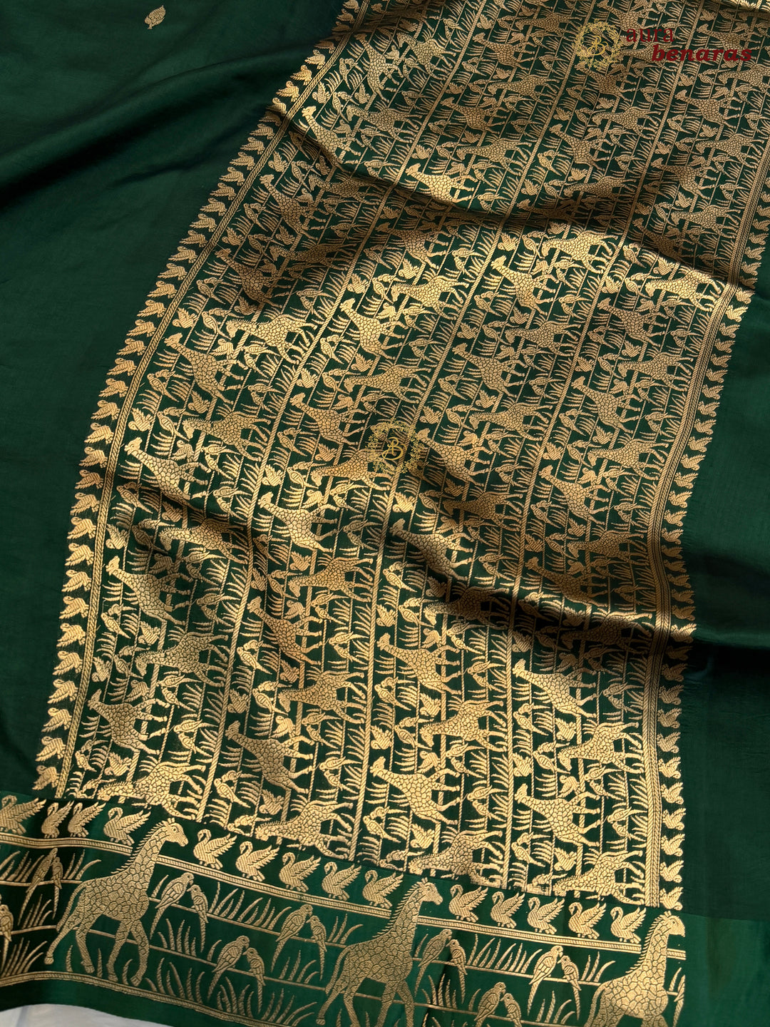 Bottle Green Pure Katan Silk Banarasi Saree Kadhwa Giraffe and Bird Motifs