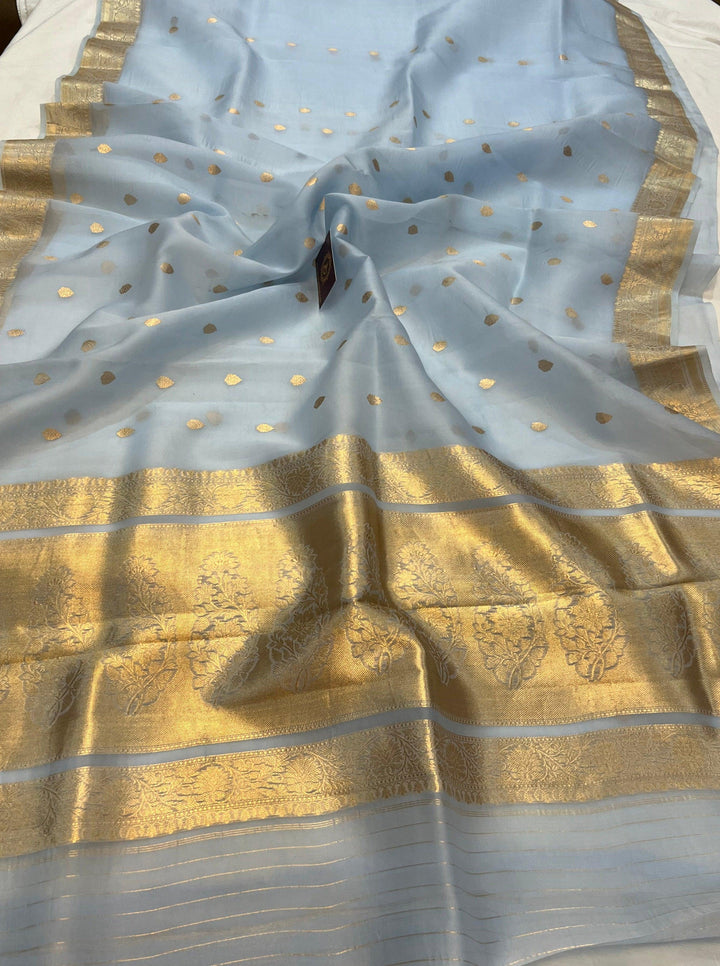 Pani Blue Banarasi Handloom Kora Silk Saree - Aura Benaras