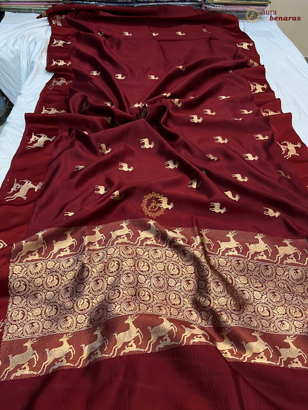 Deep Maroon Pure Silk Banarasi Saree with Deer Motif Border